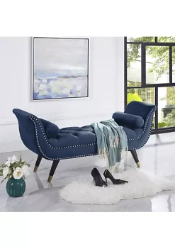 Hi-Line Gifts 3 Piece Navy Blue Velvet Diamond Tufted Nail Head Trim Bench With Gold Capped Legs 4.25'