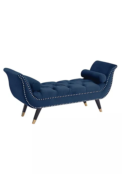 Hi-Line Gifts 3 Piece Navy Blue Velvet Diamond Tufted Nail Head Trim Bench With Gold Capped Legs 4.25' 4 Hi-Line Gifts 3 Piece Navy Blue Velvet Diamond Tufted Nail Head Trim Bench With Gold Capped Legs 4.25' - Image 2